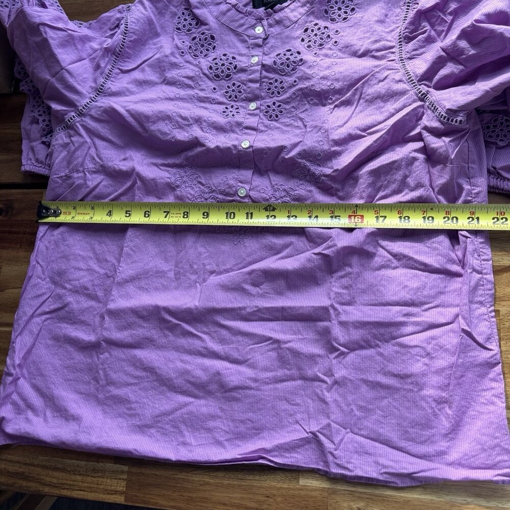 J. CREW Ruffle Sleeve Peasant Blouse Purple Eyelet Top Cottagecore Size L Preppy - Picture 2 of 14